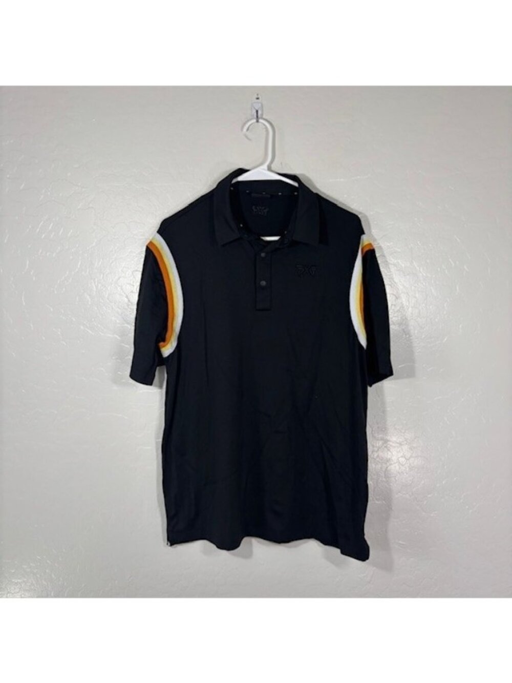 PXG Golf Polo Shirt Mens Medium Black Orange Athletic Stretch Summer